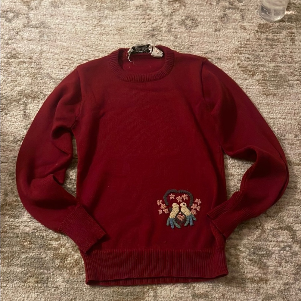 Red Sweater with Embroidered Birds